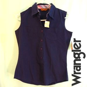 Aura Wrangler sleeveless button-down navy blue western shirt blouse top